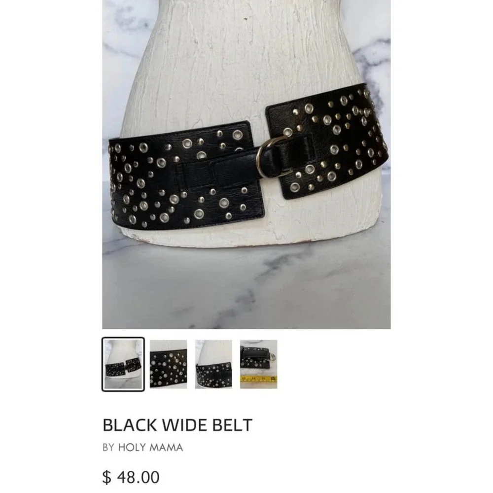 Holy Mama Black Wide Studded Grommet Waist Belt Silver D-Ring Buckle 35